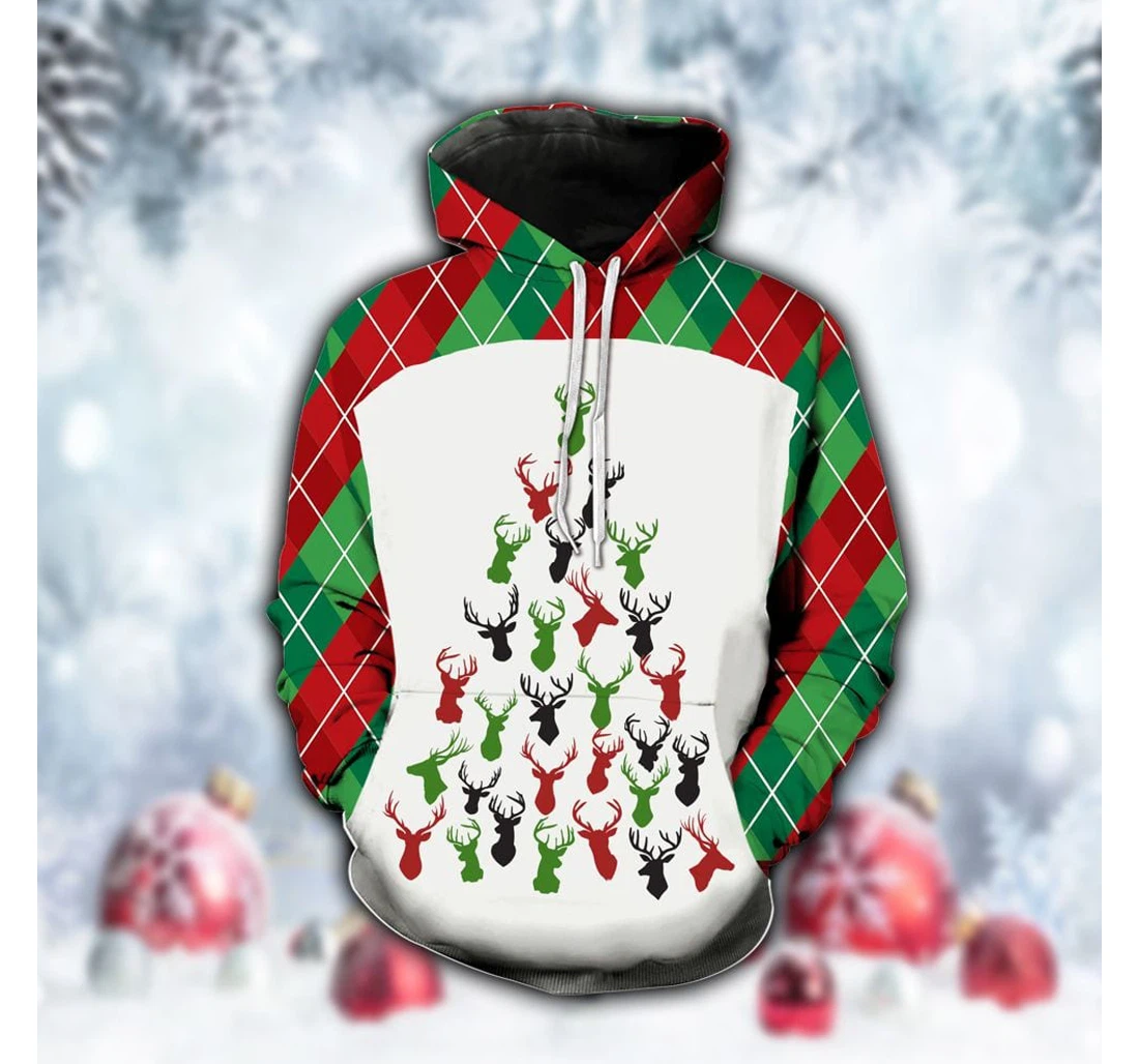 Personalized Red Green Plaid Deers Christmas Tree Christmas Christmas Christmas - 3D Printed Pullover Hoodie