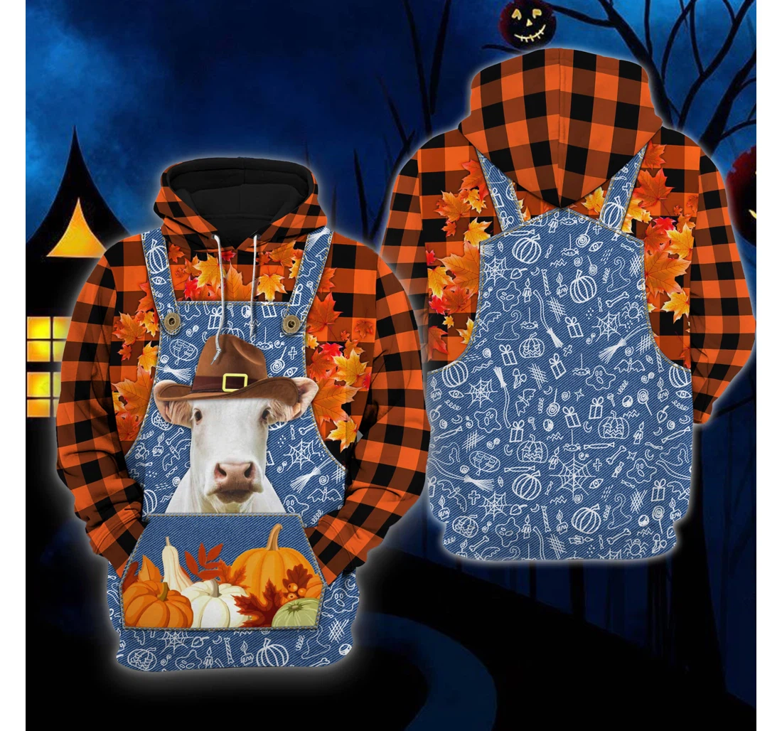 Personalized Cow Halloween Happy Halloween Charolais Orange Plaid All - 3D Printed Pullover Hoodie