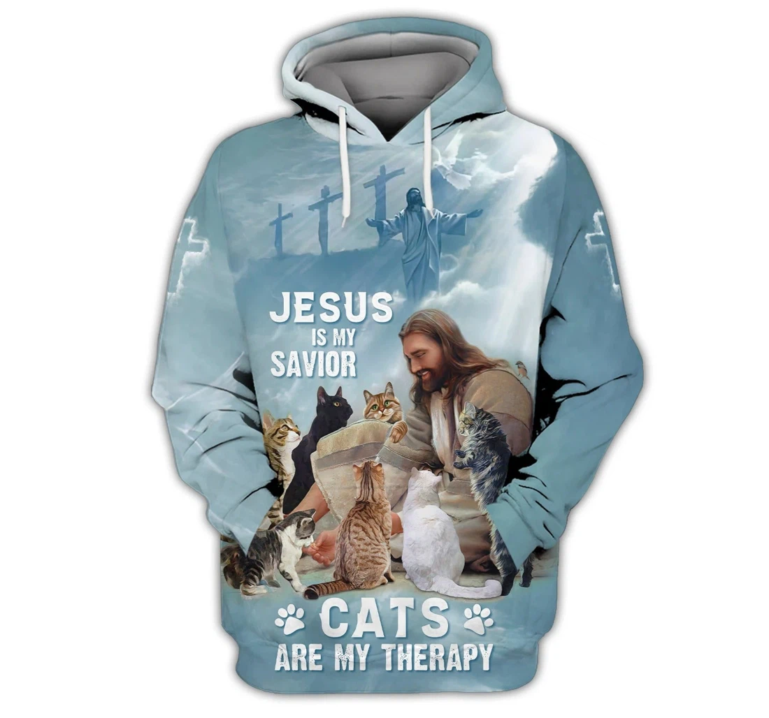 Personalized Cat Jesus Jesus Is My Savior Cats Are My Therapy Cat - 3D Printed T-shirt