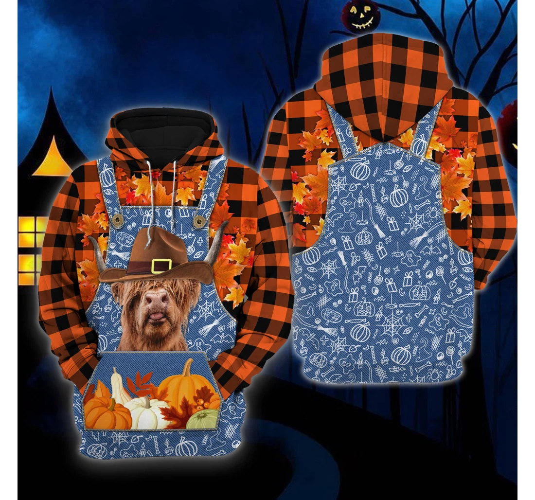 Personalized Happy Halloween Highland Orange Plaid All Farm Halloween - 3D Printed Pullover Hoodie