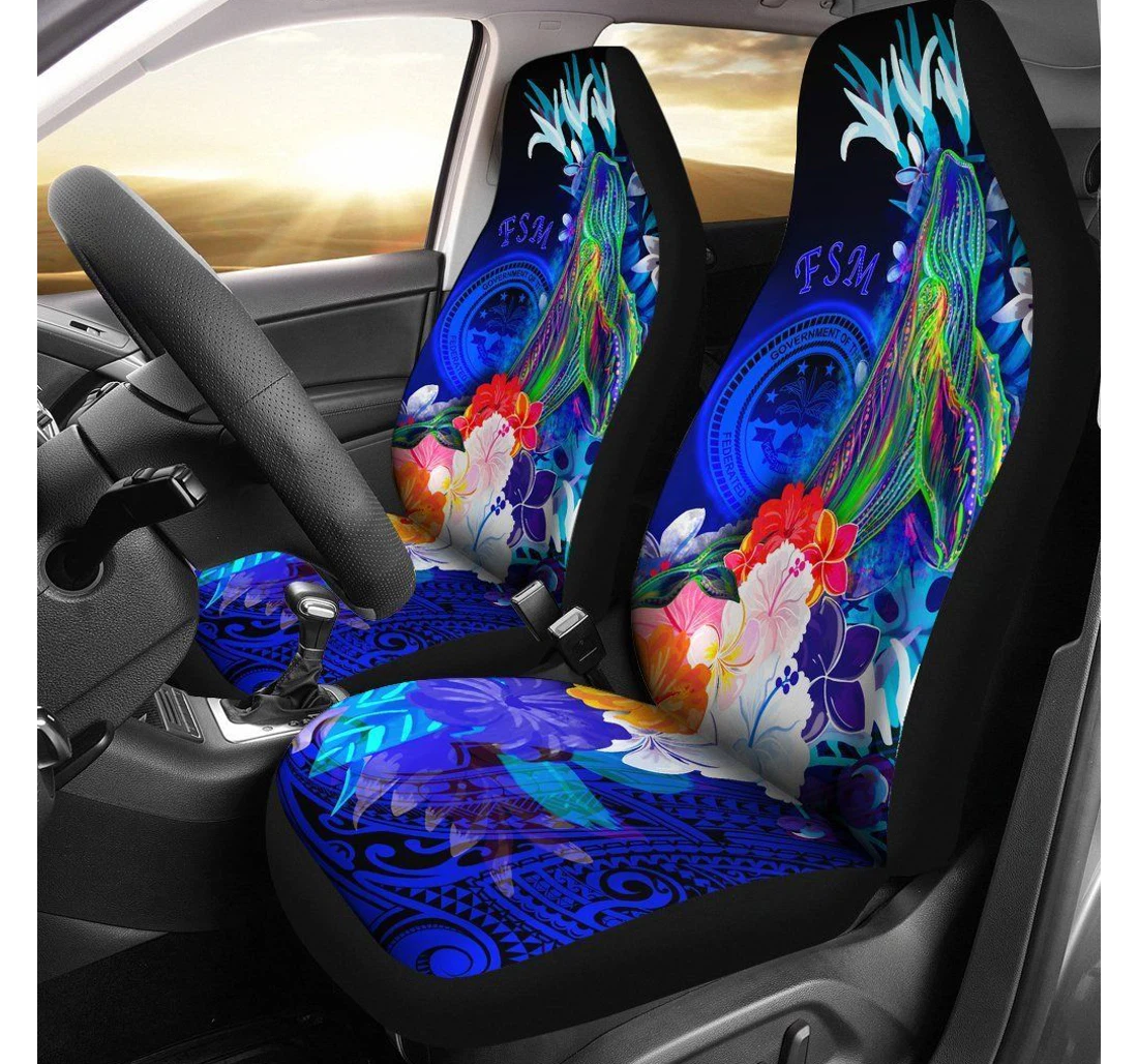 Federated States Of Micronesia Humpback Whale With Tropical Flowers Blue Bn18 Universal Front Car Seat Cover