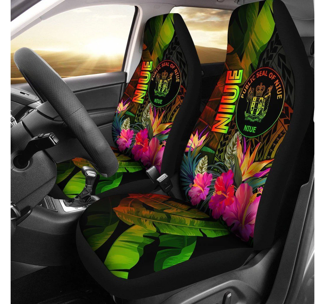 Niue Polynesian Hibiscus And Banana Leaves Bn15 Universal Front Car Seat Cover