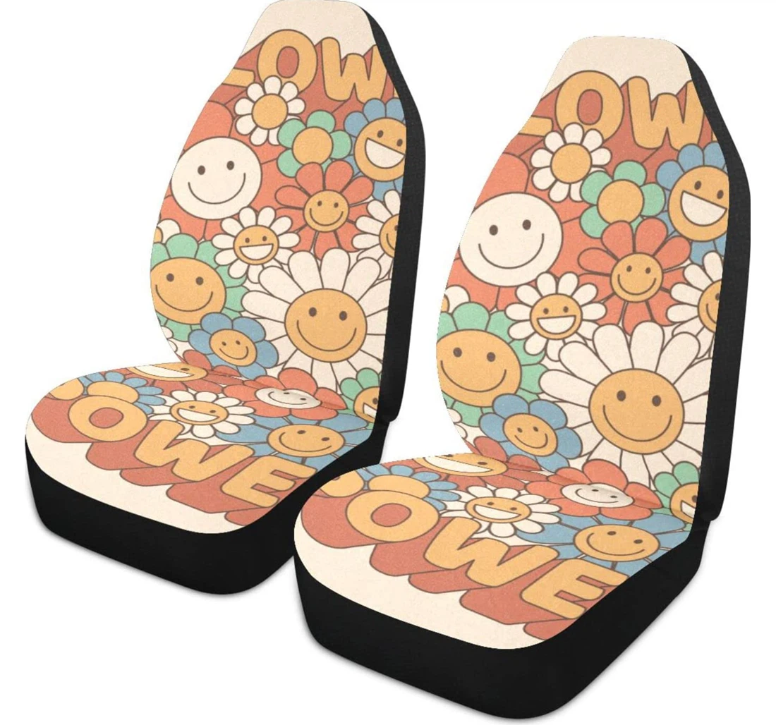 Hippie Funny Cartoon Flower Rainbow Love Daisy 2 Universal Front Car Seat Cover