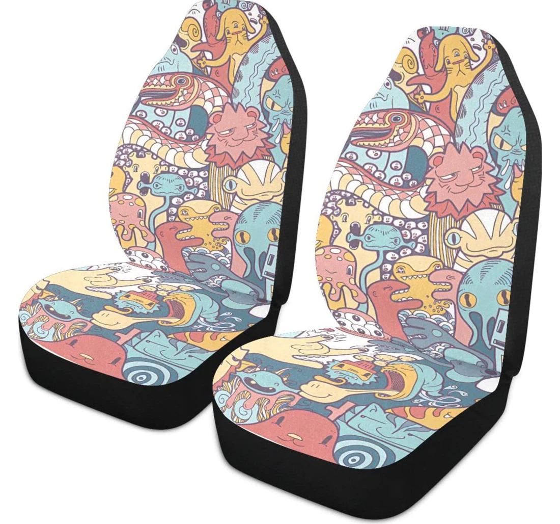 Cartoon Funny Alien Sukll Universal Front Car Seat Cover