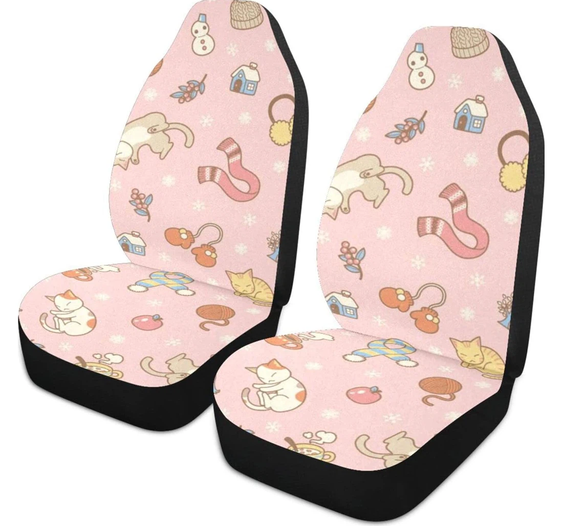 Cute Cartoon Cats In Warm Winter Universal Front Car Seat Cover