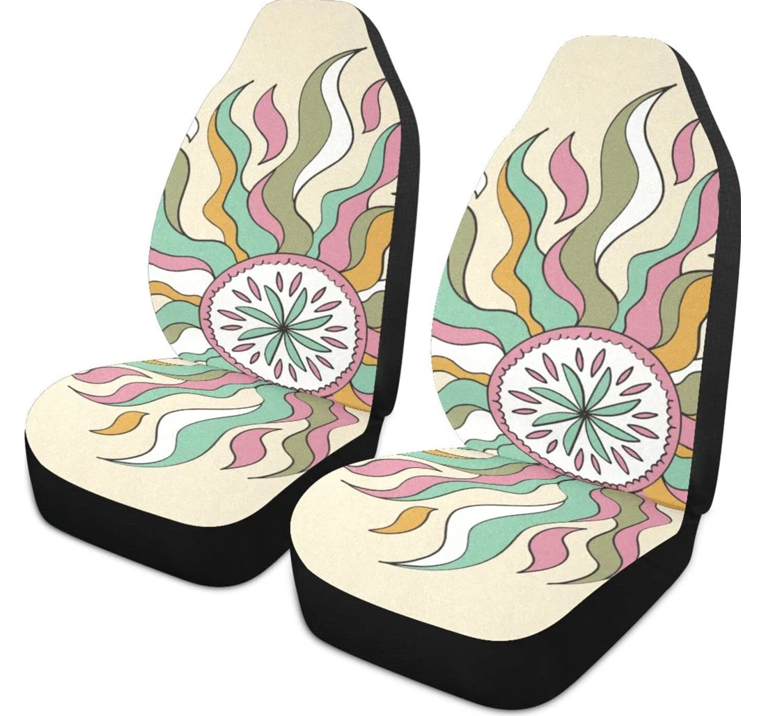 Hippie Cartoon Funny Mushrooms Flowers A Rainbow Universal Front Car Seat Cover