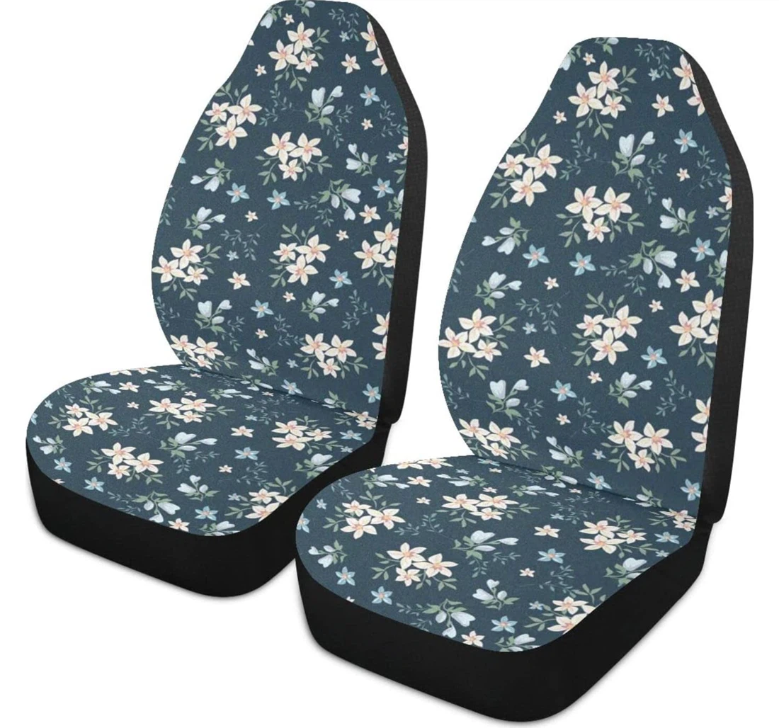 White Flowers On Black Background Universal Front Car Seat Cover