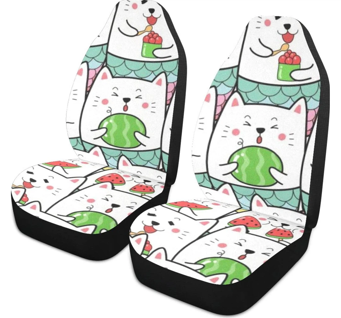 Cute Cat Eating Watermelon Cartoon Universal Front Car Seat Cover