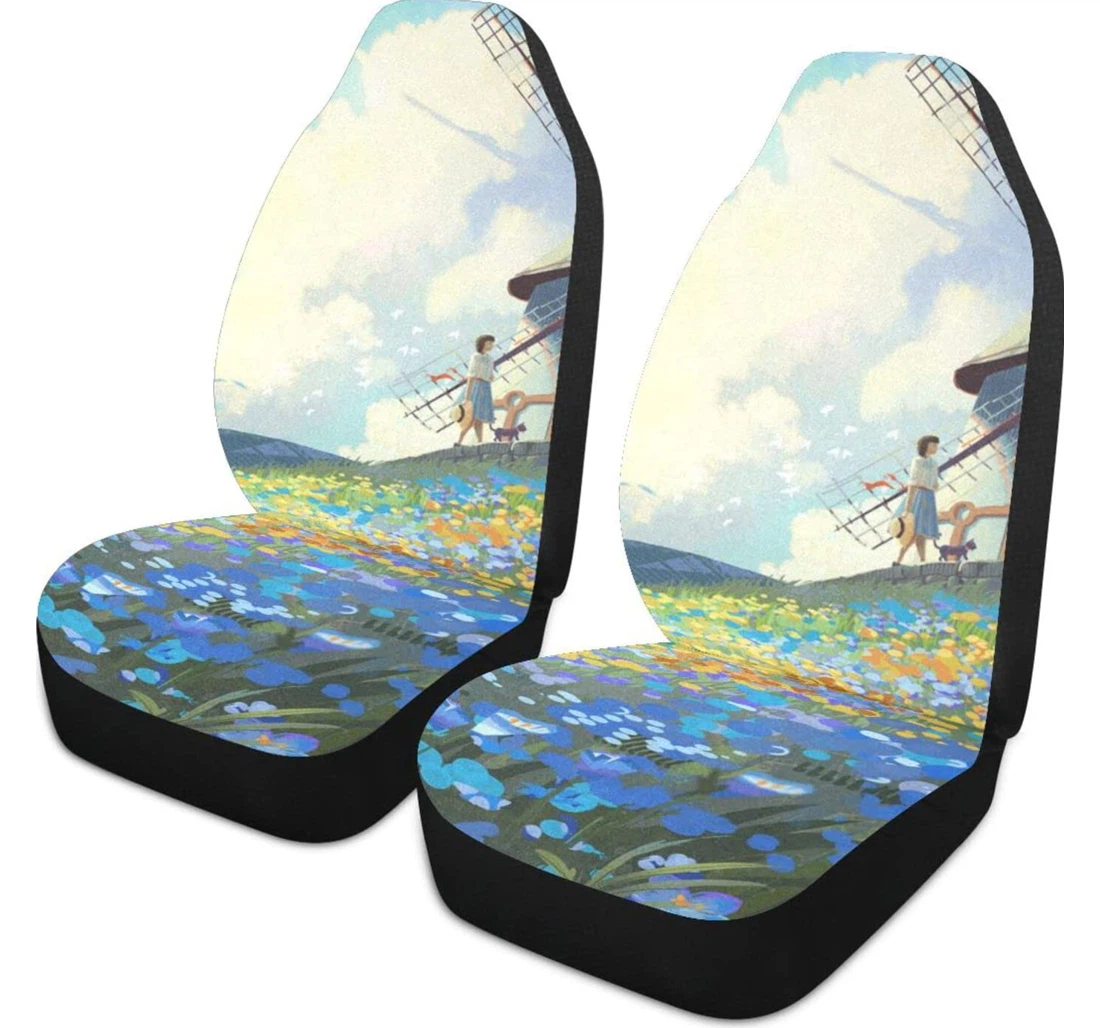 Windmill Nature Flowers Clouds Cartoon Universal Front Car Seat Cover