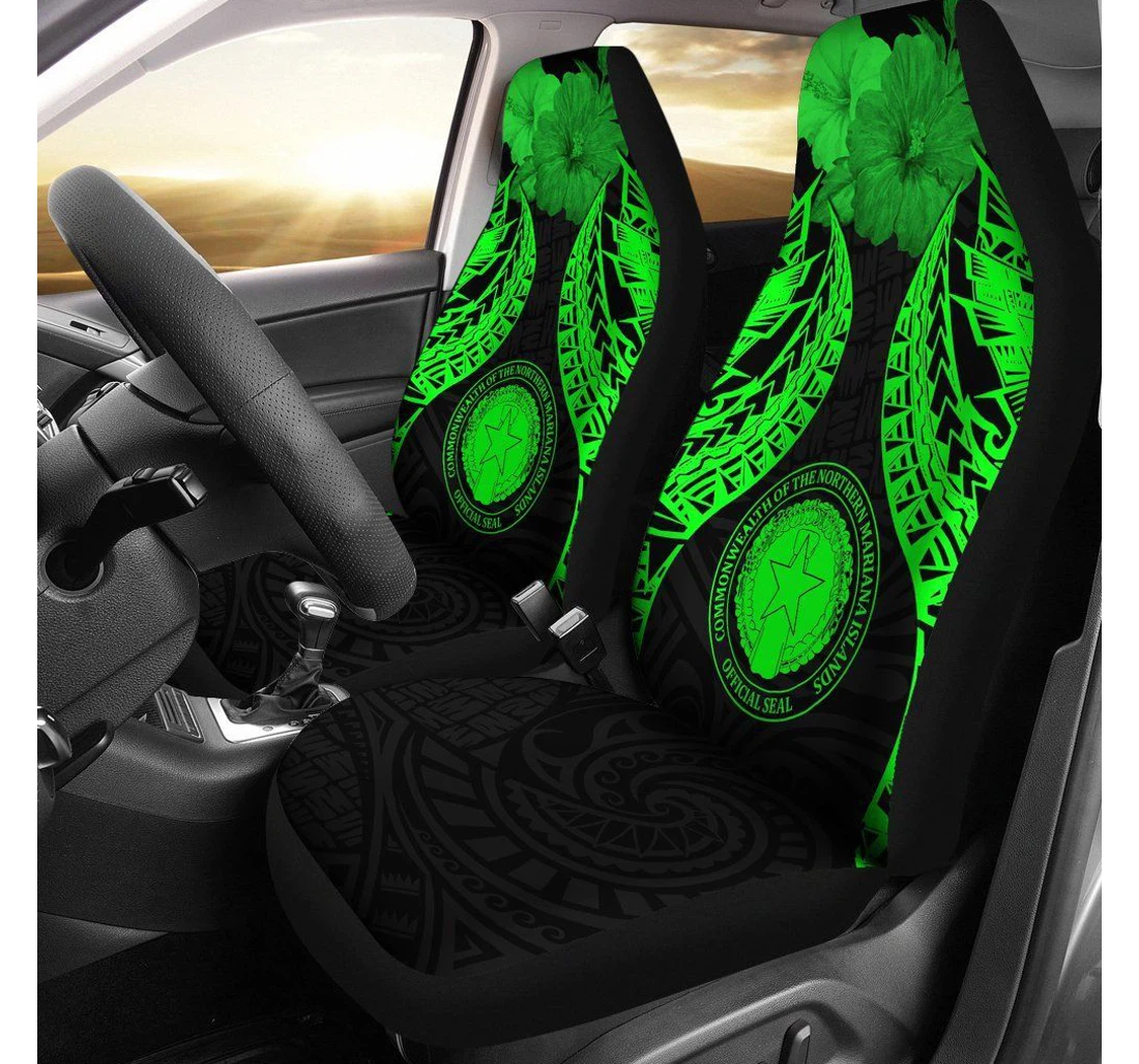 Northern Mariana Islands Polynesian Pride Seal And Hibiscus Green Bn39 Universal Front Car Seat Cover
