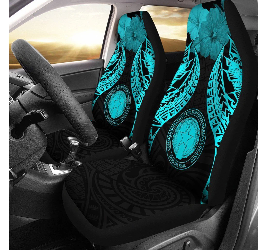 Northern Mariana Islands Polynesian Pride Seal And Hibiscus Neon Blue Bn39 Universal Front Car Seat Cover
