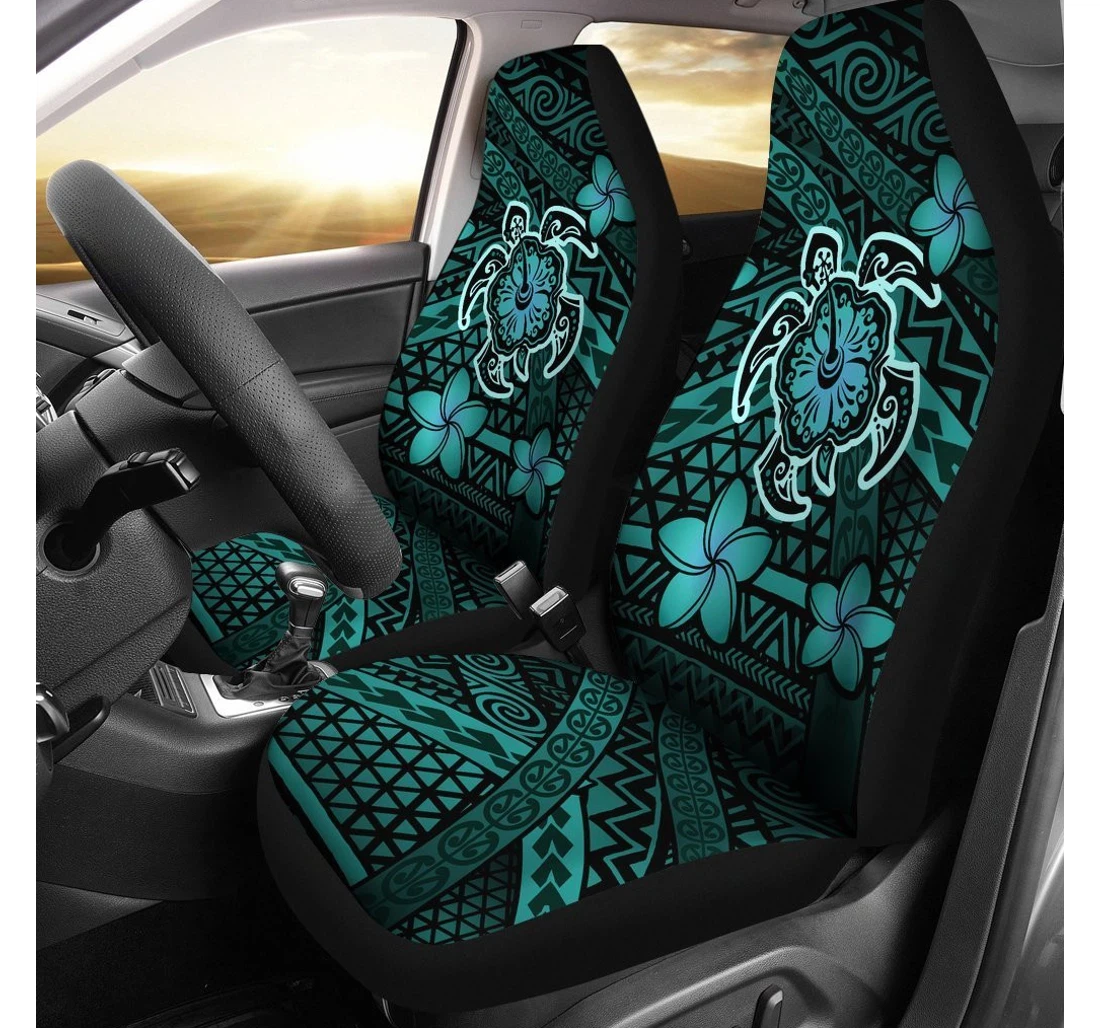 Hawaii Mix Polynesian Turtle Plumeria - Ah - Nick Style - Turquoise Universal Front Car Seat Cover