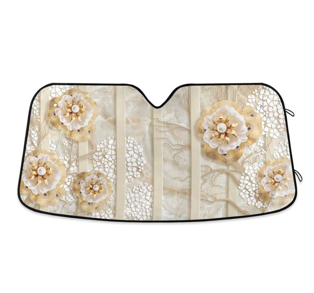 D Golden Jewelry Flowers Stripes Marble Car Sun Shade