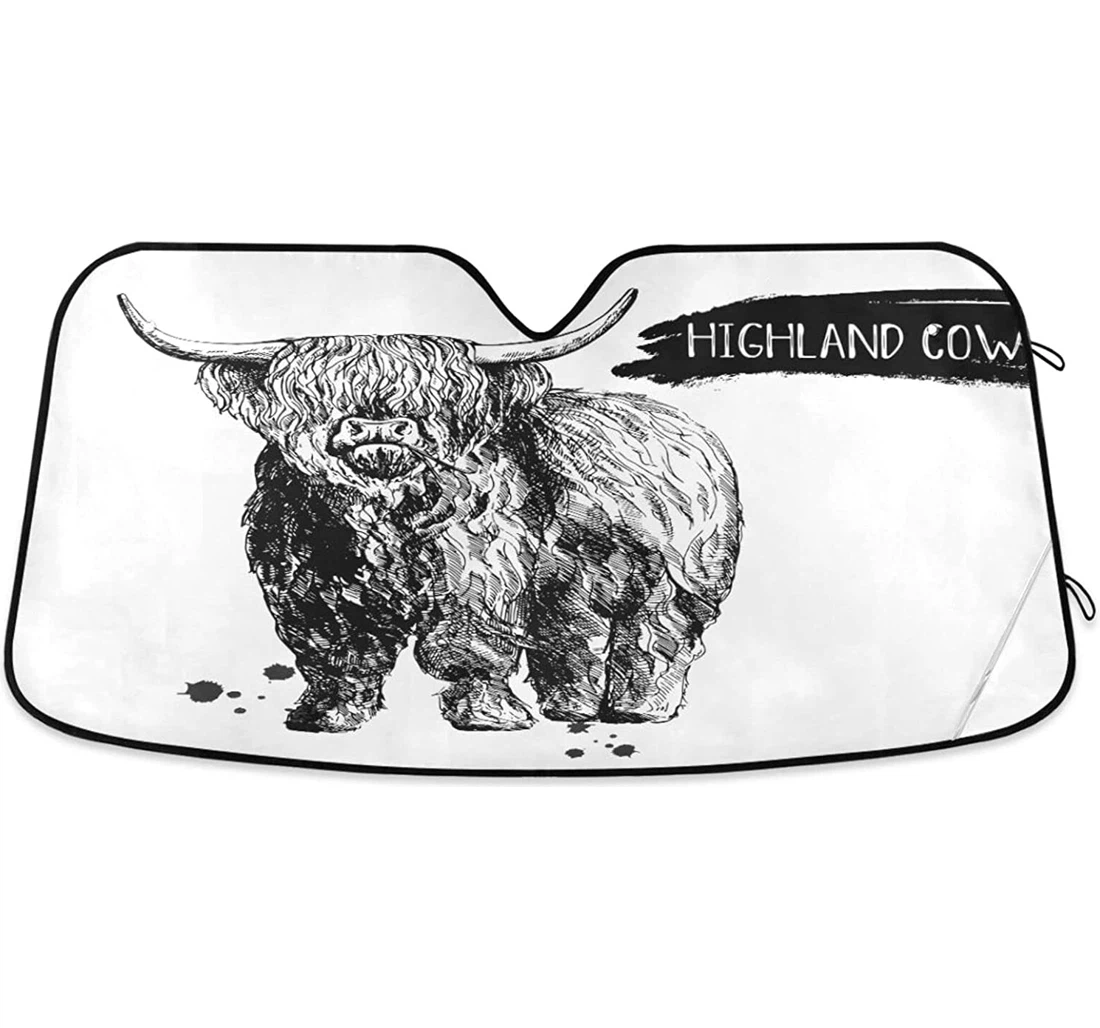 Hand Drawn Highland Cattle Cow Car Sun Shade