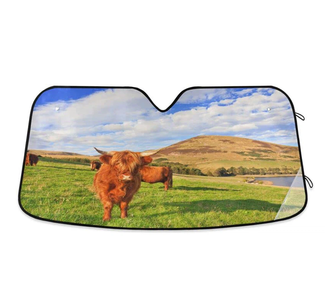 Highland Cow Meadow Scottish Grassland Car Sun Shade