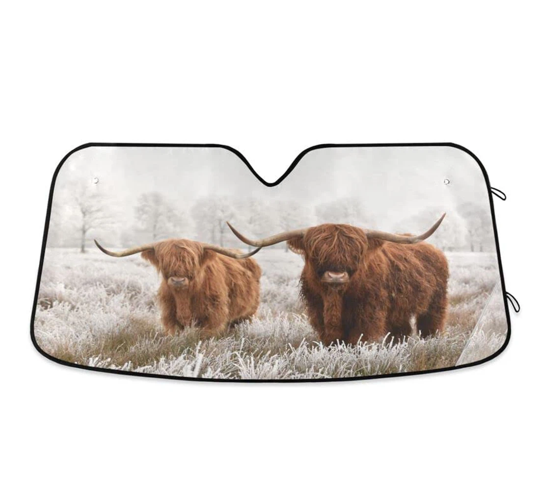 Fluffy Highland Cow Cattle Winter Car Sun Shade