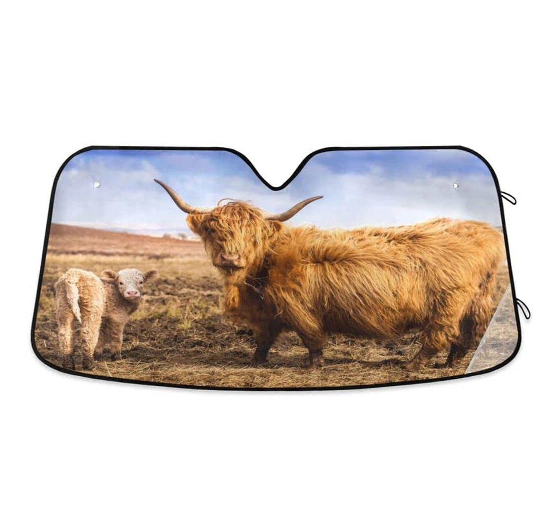 Highland Cow Meadow Calf Car Sun Shade