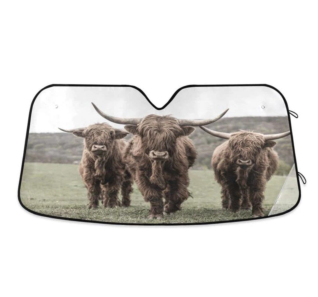 Highland Cow Cattle Meadow Funny Grassland Car Sun Shade