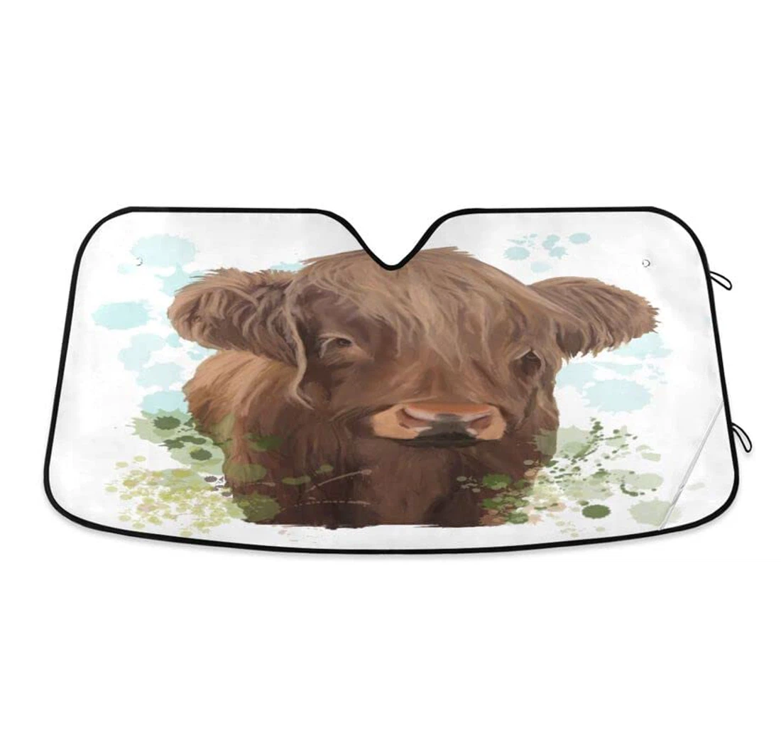Watercolor Highland Cow Cattle Cute Car Sun Shade