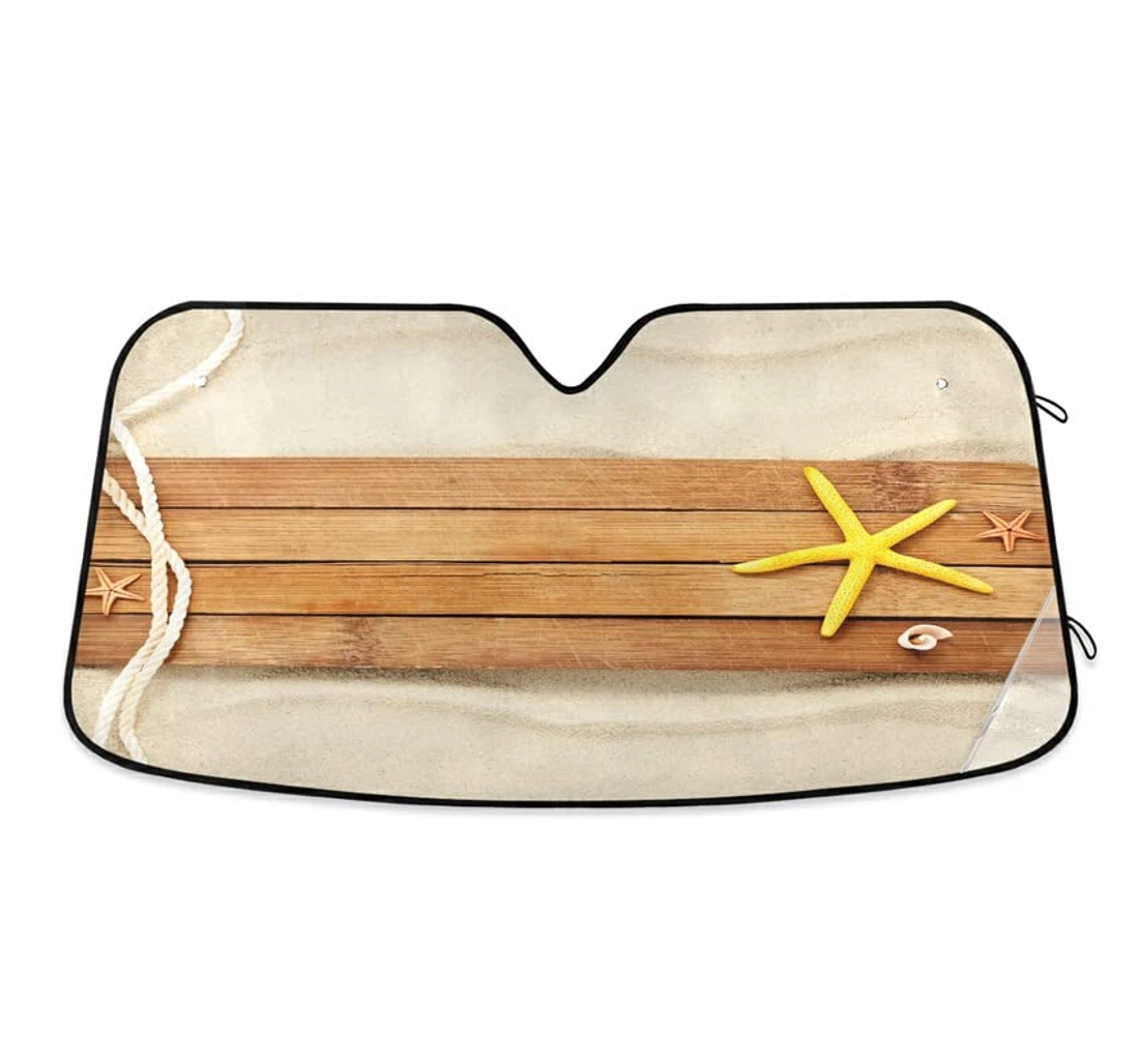 Yellow Starfish Sandy Wooden Board Car Sun Shade