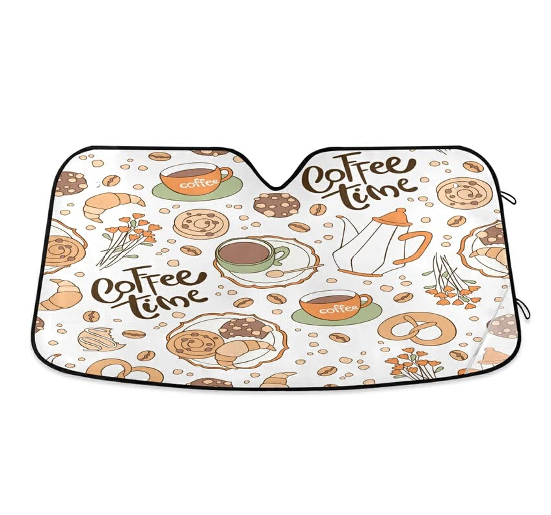 Coffee Time Bread Cartoon Beige White Car Sun Shade