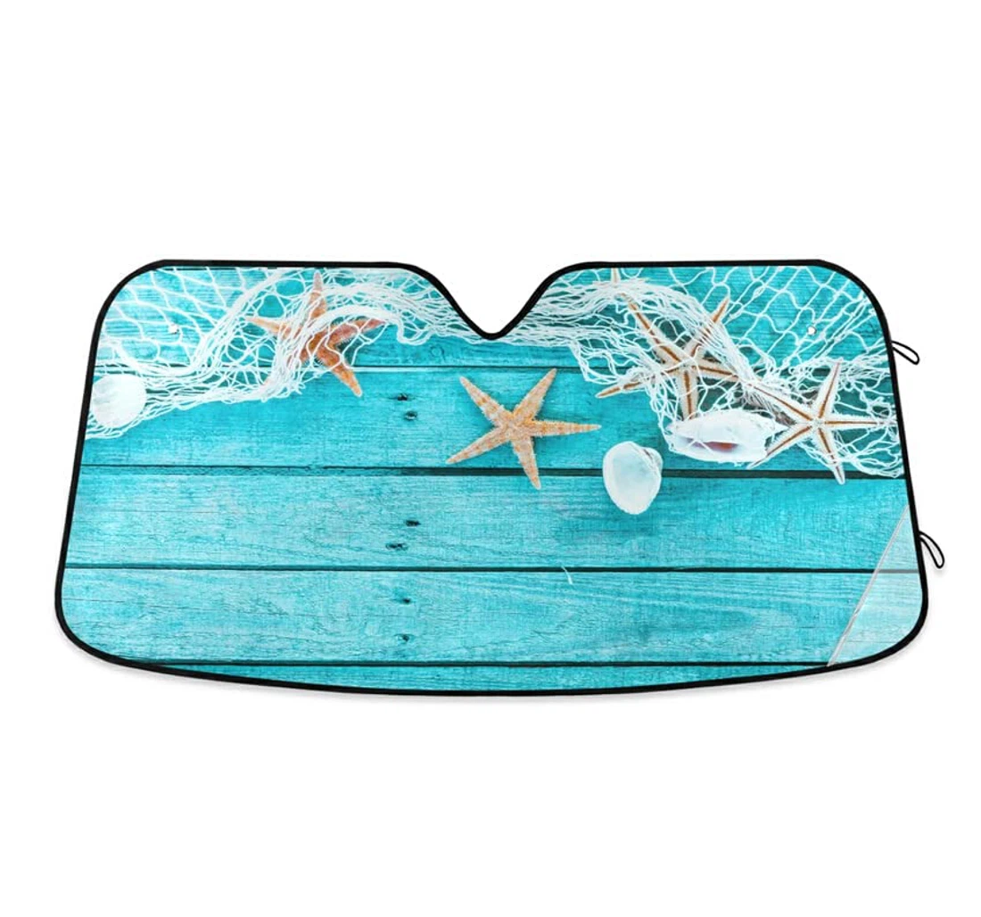 Starfish Shell Blue Wooden Board Car Sun Shade
