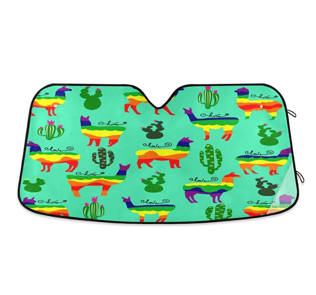 Rainbow Colors Llamas Cute Alpaca Cactus Car Sun Shade