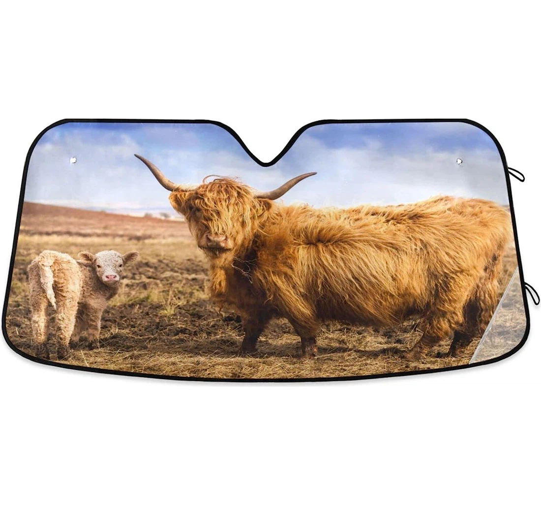 Highland Cow Meadow Calf Car Sun Shade