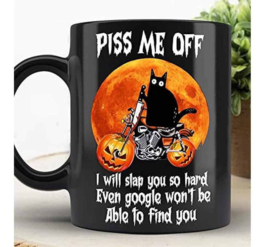 Piss Me Off I Will Slap You So Hard Even Google Won't Be Able To Find You Cat Murderous Cat With Knife Cat Lover Horror Halloween Pet Owner For Fall Ceramic Mug Print On Both Sides