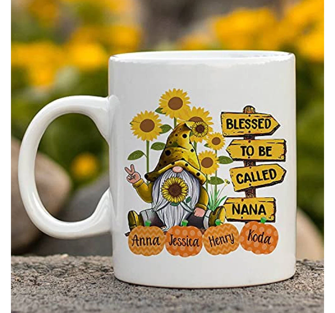 Personalized Blessed To Be Called Nana Gnome Sunflower Ceramic Mug Print On Both Sides