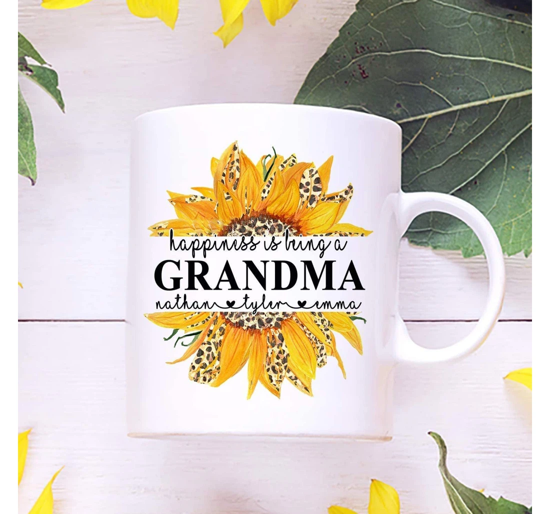 Personalized Happiness Is Being A Grandma Sunflower Ceramic Mug Print On Both Sides