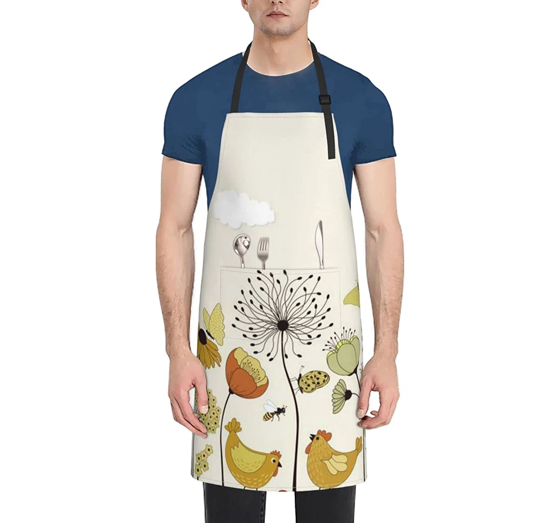 Hen Flying Butterflies Among Flowers Apron