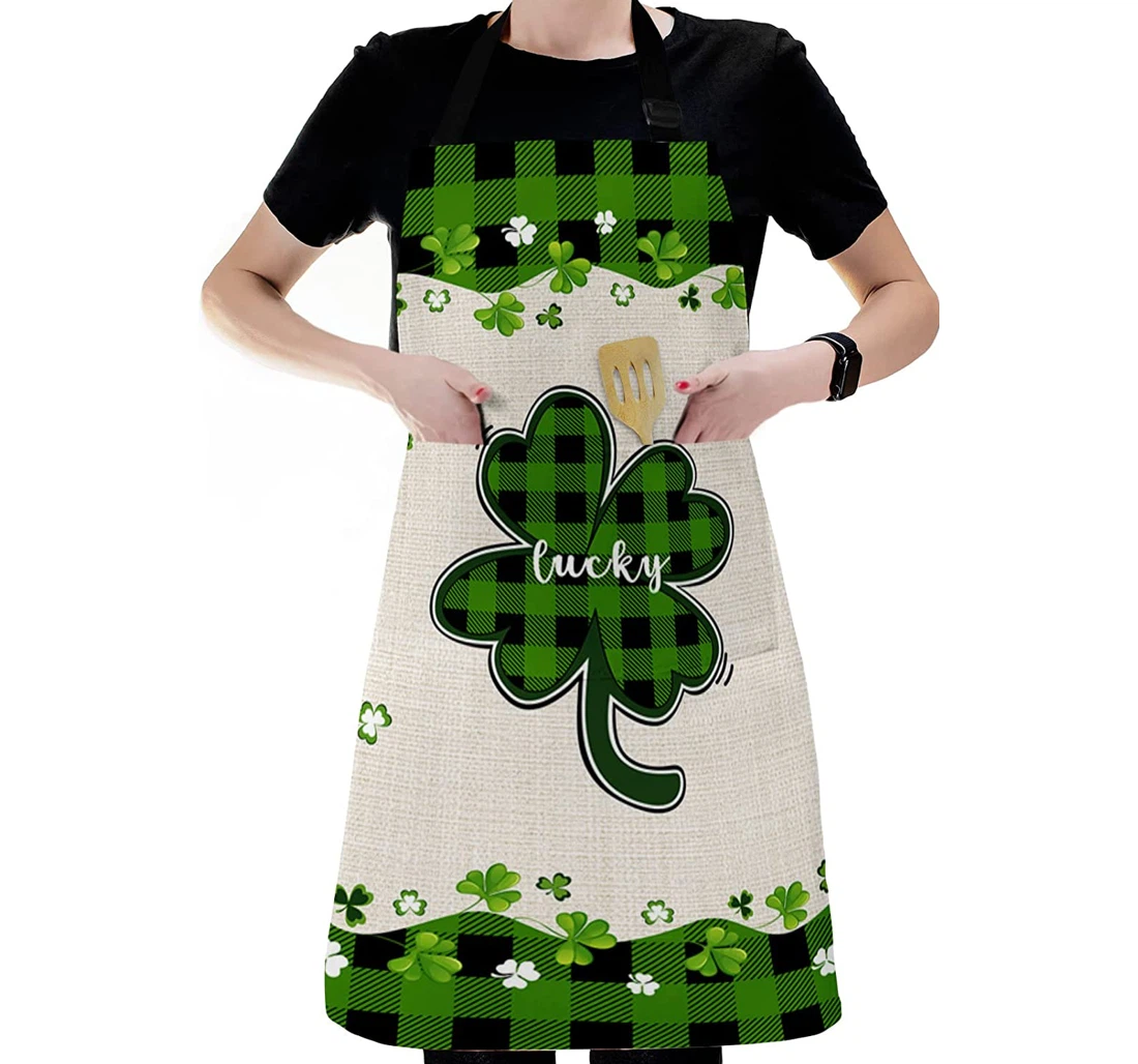 Green Buffalo Plaid Lucky Clover Retro Linen Apron