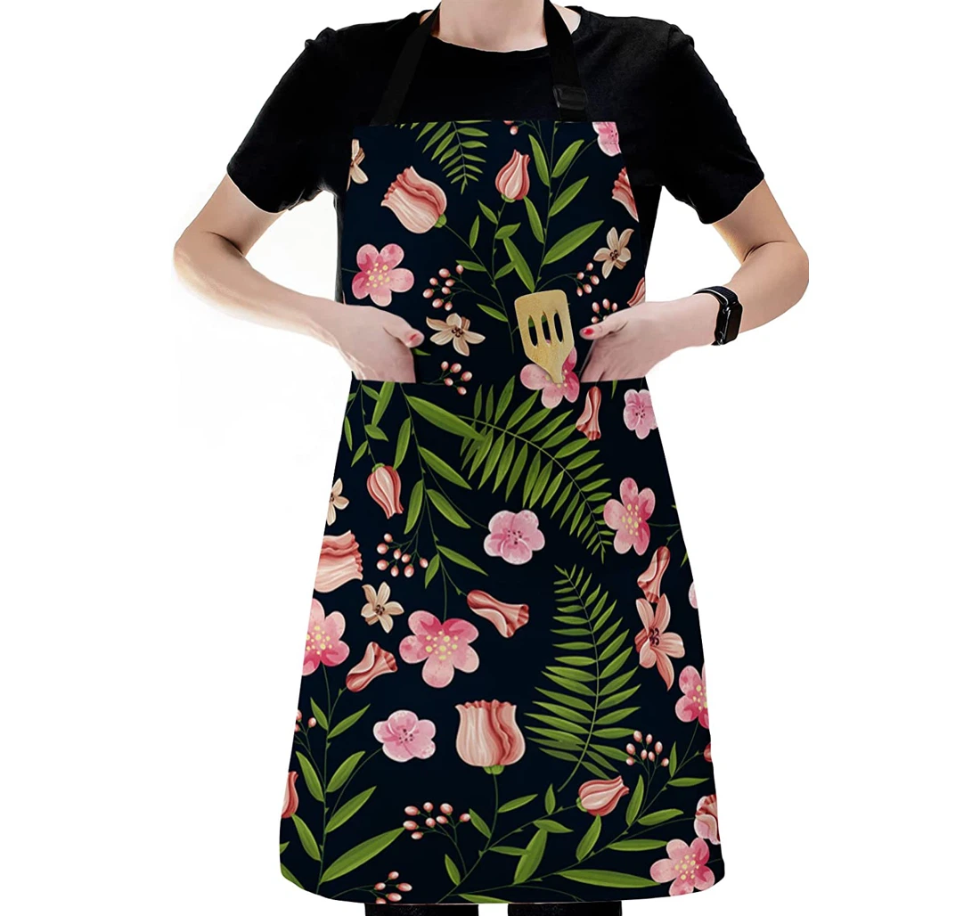 Spring Pink Flower Leaf Black Apron