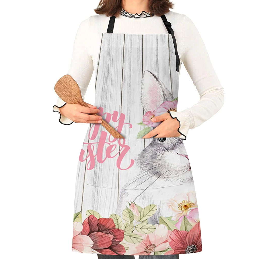 Watercolor Bunny Spring Floral Wood Grain Apron