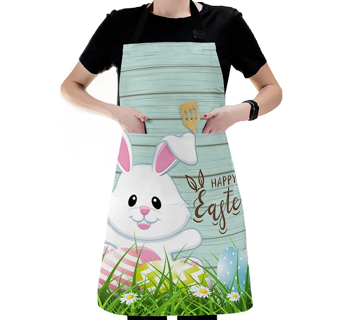 Happy Easter Cartoon Cute Bunny Teal Wood Plank Apron