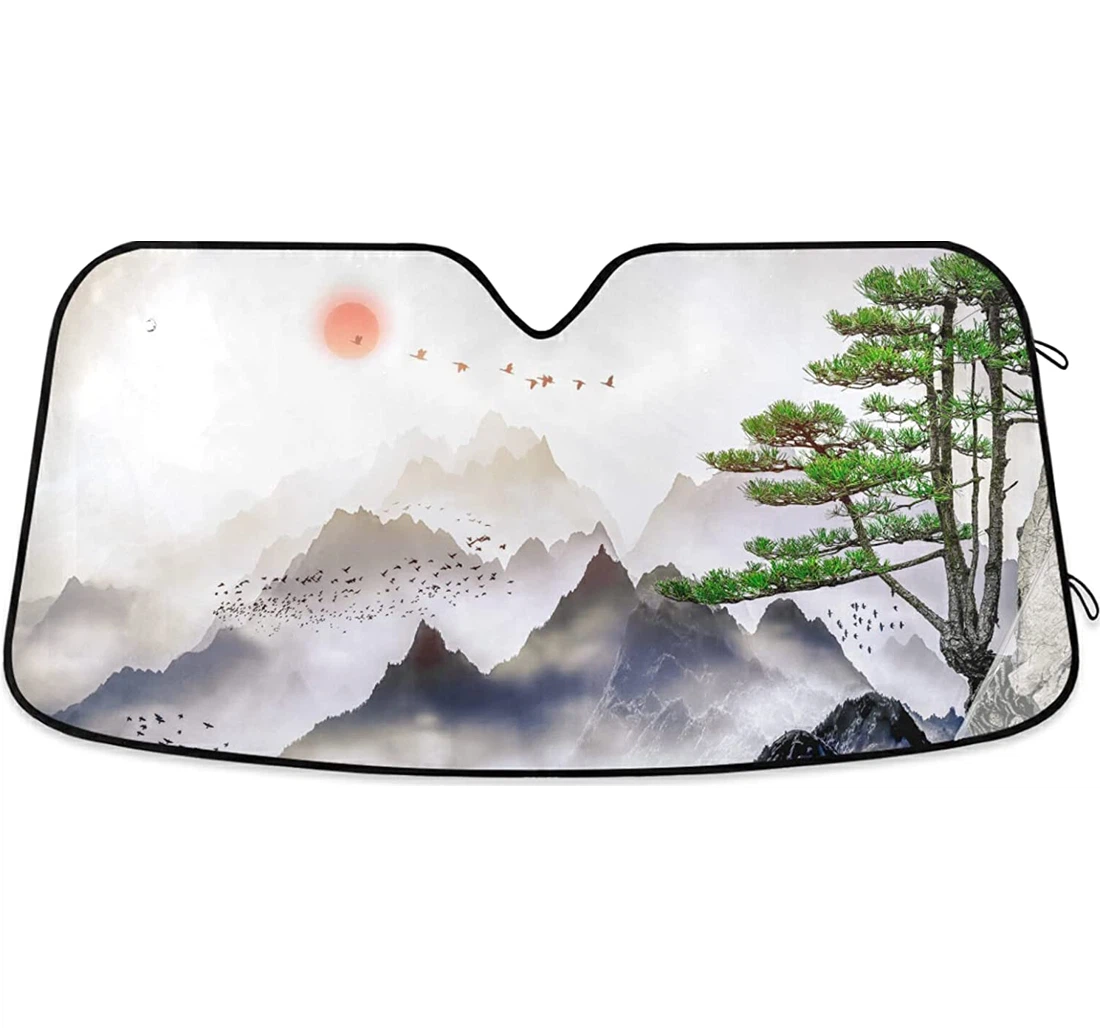 Pine Trees Mountains Clouds Sunrise Auto Sun Shade
