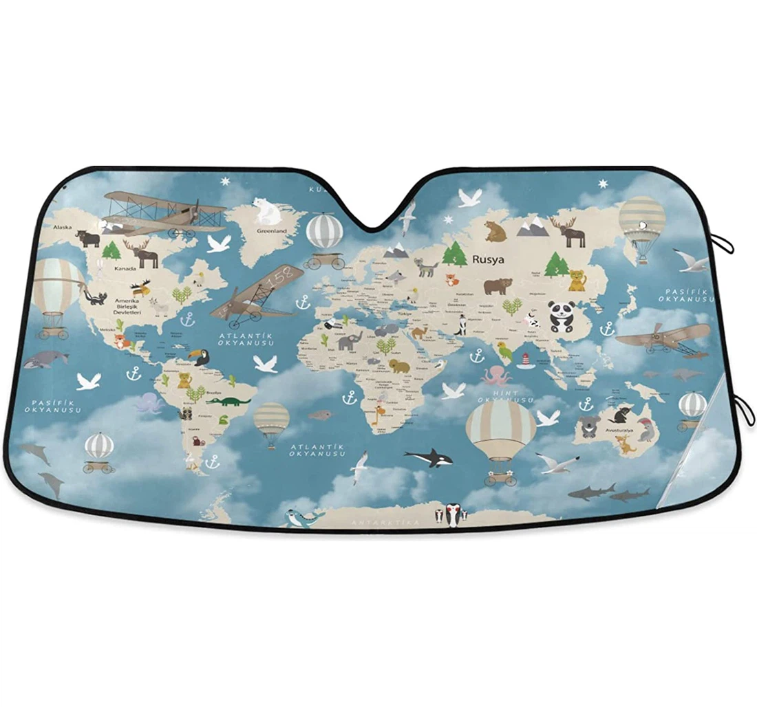 Blue World Map Animals Auto Sun Shade