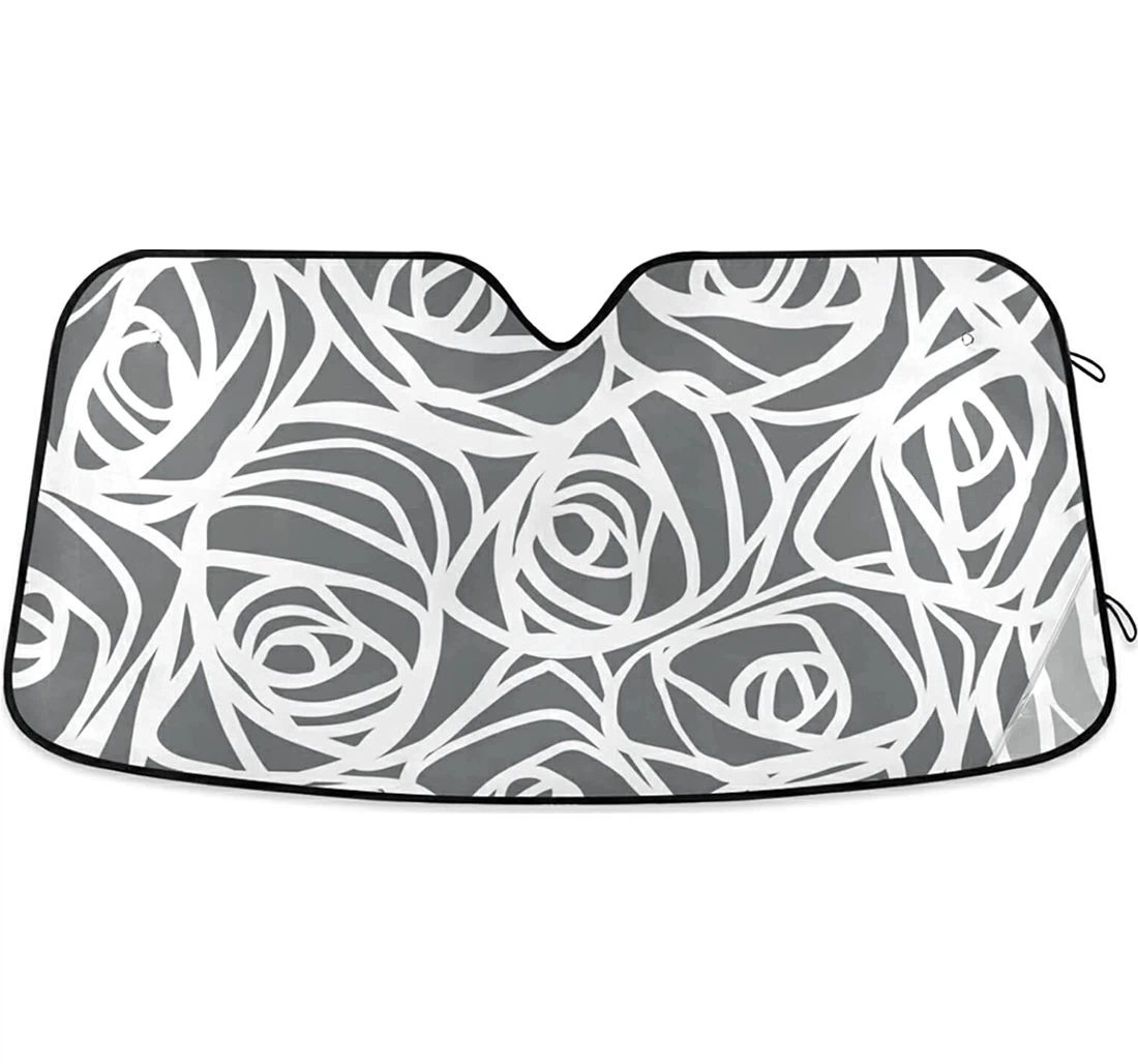 Cute White Rose Flower Grey Stripes Auto Sun Shade