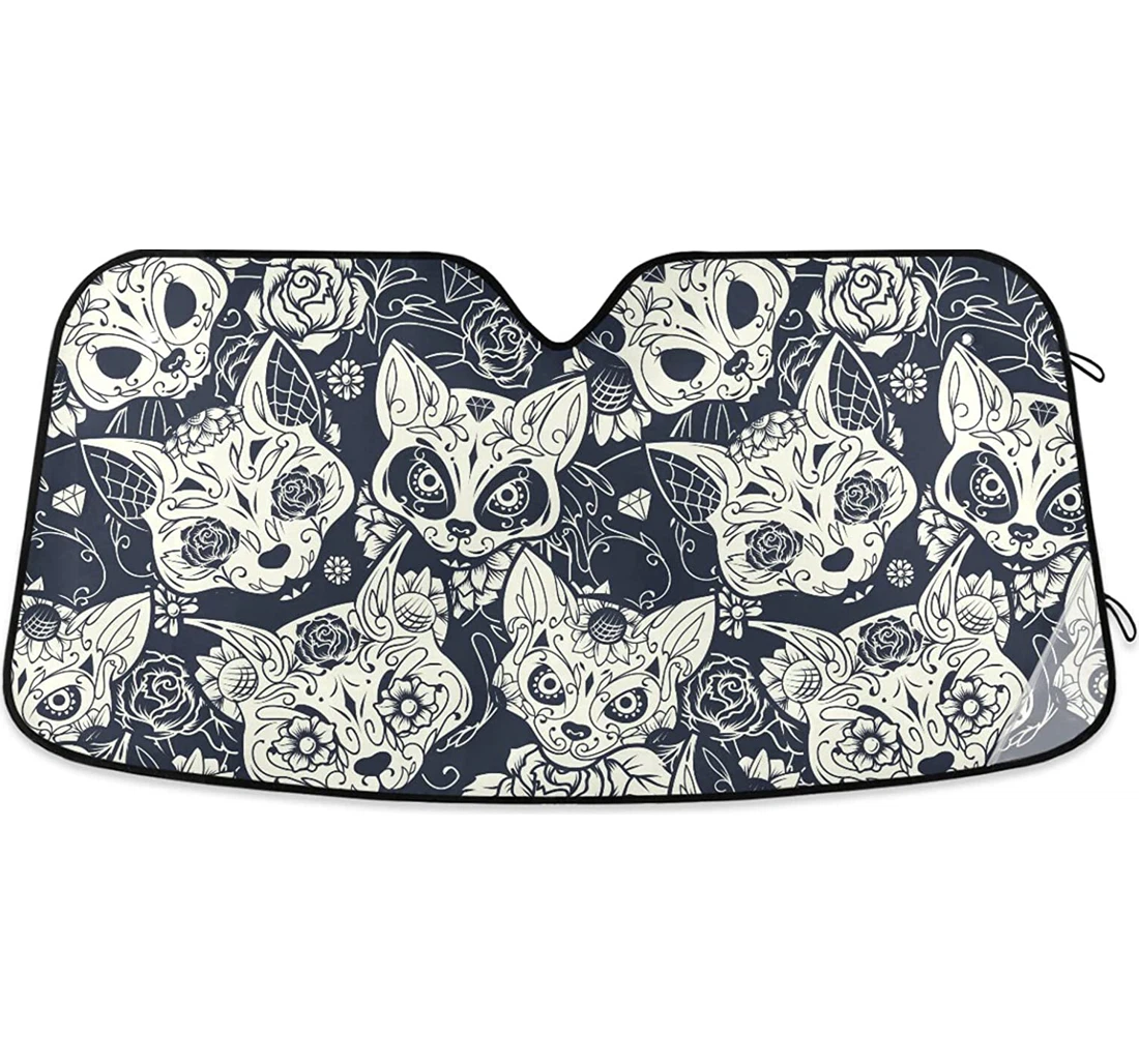 Cat Skull With Flowers Tattoo Auto Sun Shade