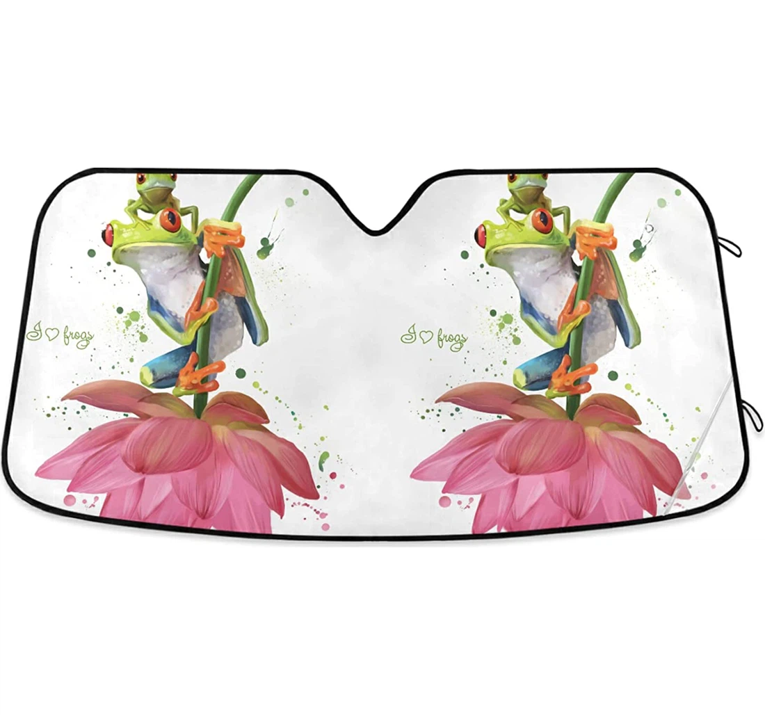 Two Green Frogs Lotus Flower Auto Sun Shade