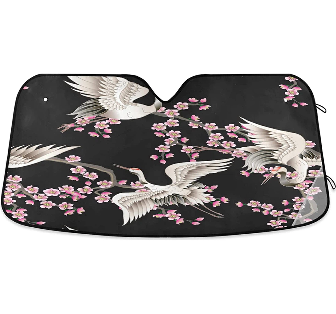Pink Cherry Blossoms White Cranes Auto Sun Shade