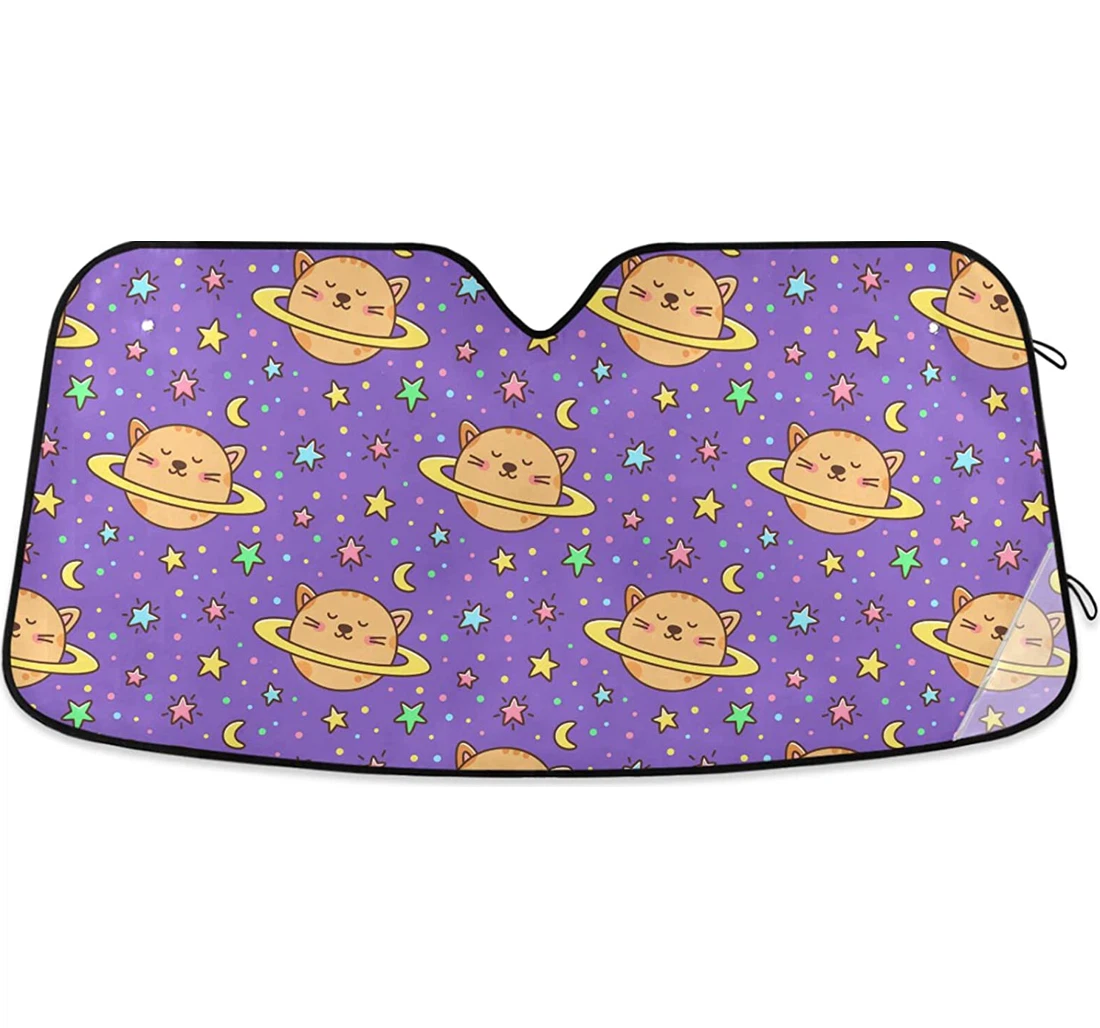 Seamless Pattern With Cat Planet Stars Moon On A Violet Background Auto Sun Shade