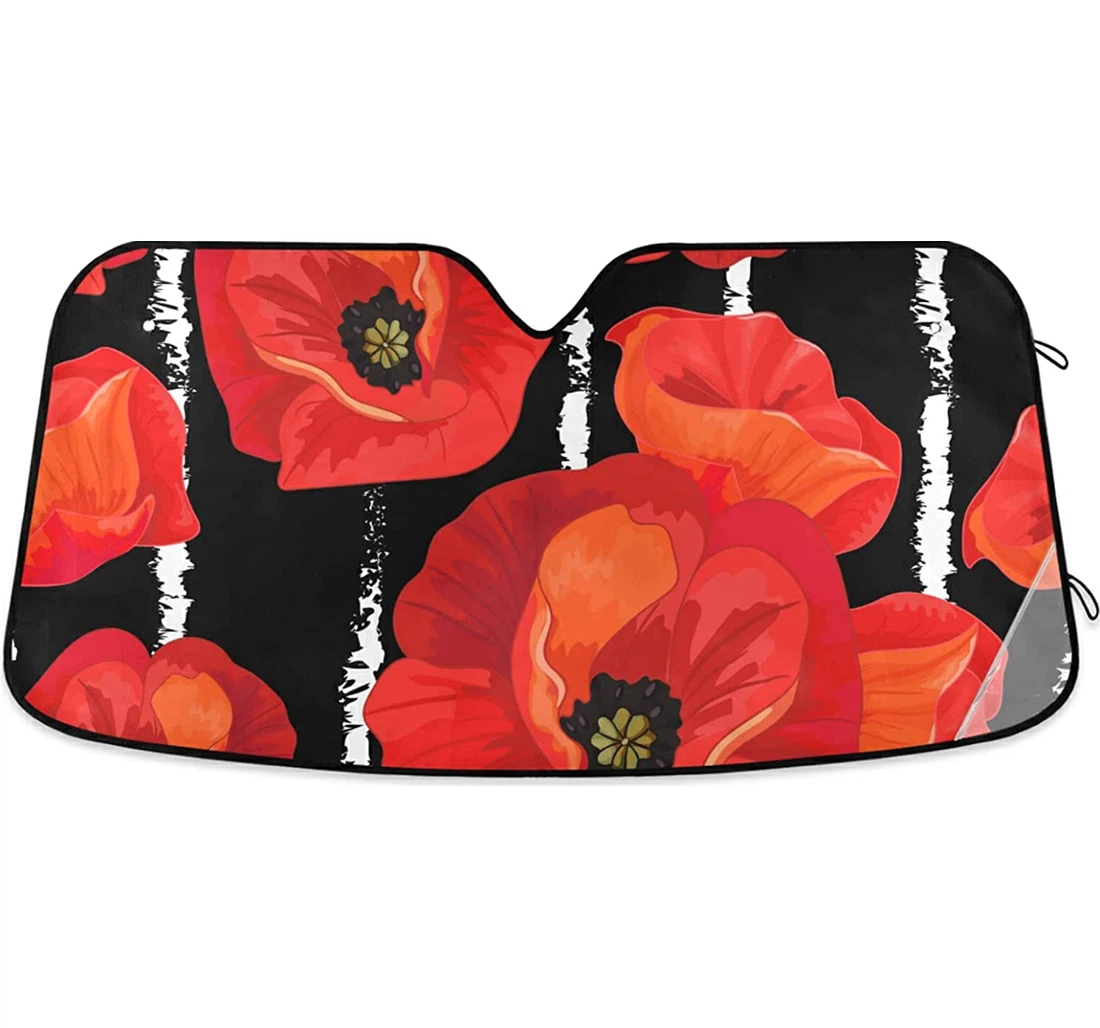 Red Poppies Striped Sunscreen Auto Sun Shade