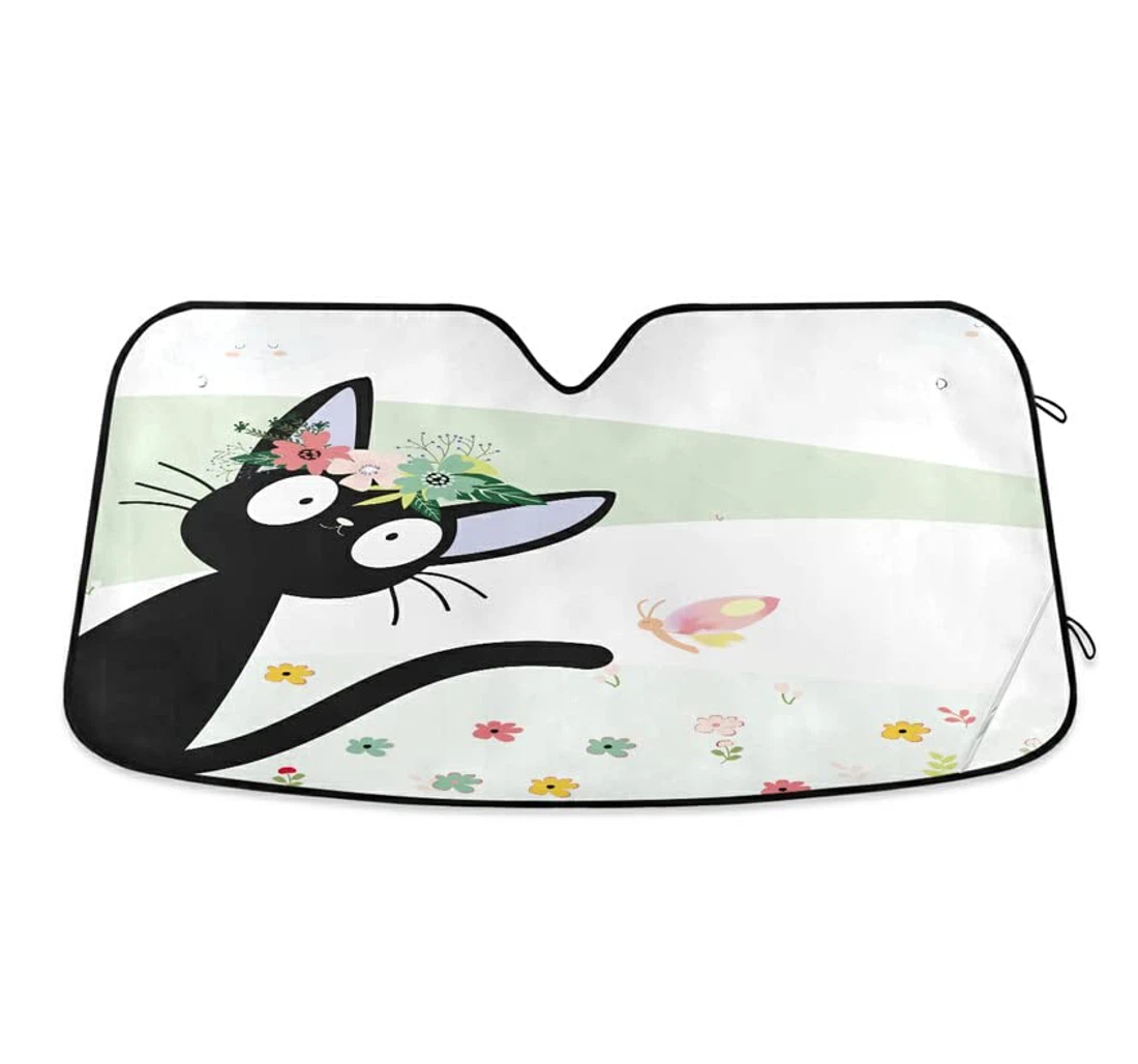 Black Cat Cute Spring Flower Kitty Auto Sun Shade