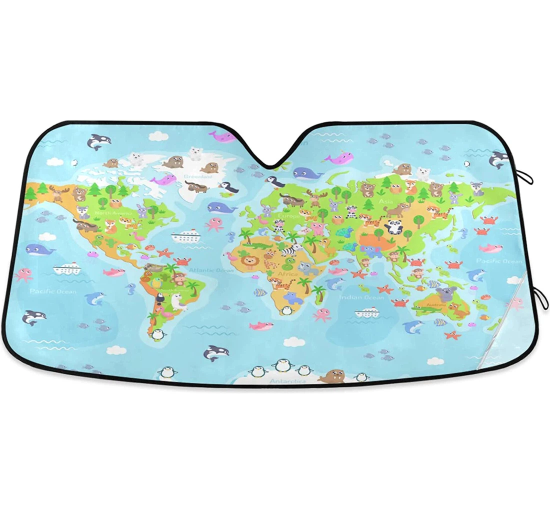Cute World Map Blue Ocean Auto Sun Shade