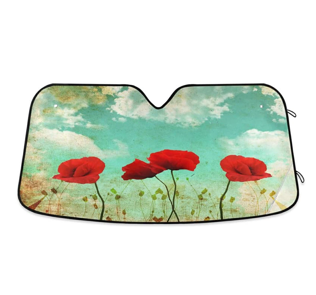 Vintage Poppies Red Teal Auto Sun Shade