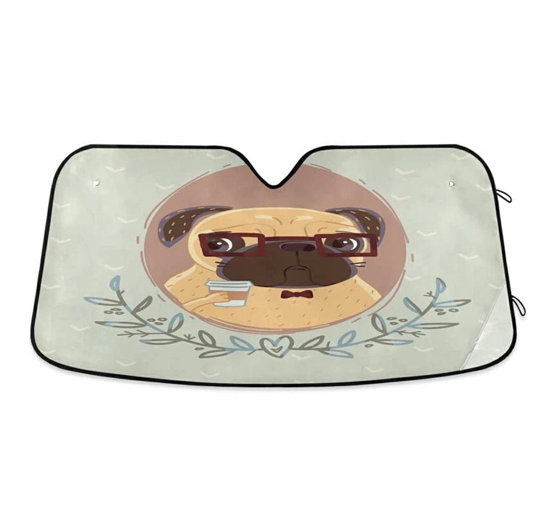 Pug Hipster Dog Coffee Time Auto Sun Shade