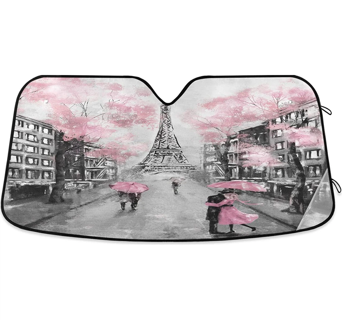 Lovers Under Cherry Blossoms Eiffel Tower Auto Sun Shade