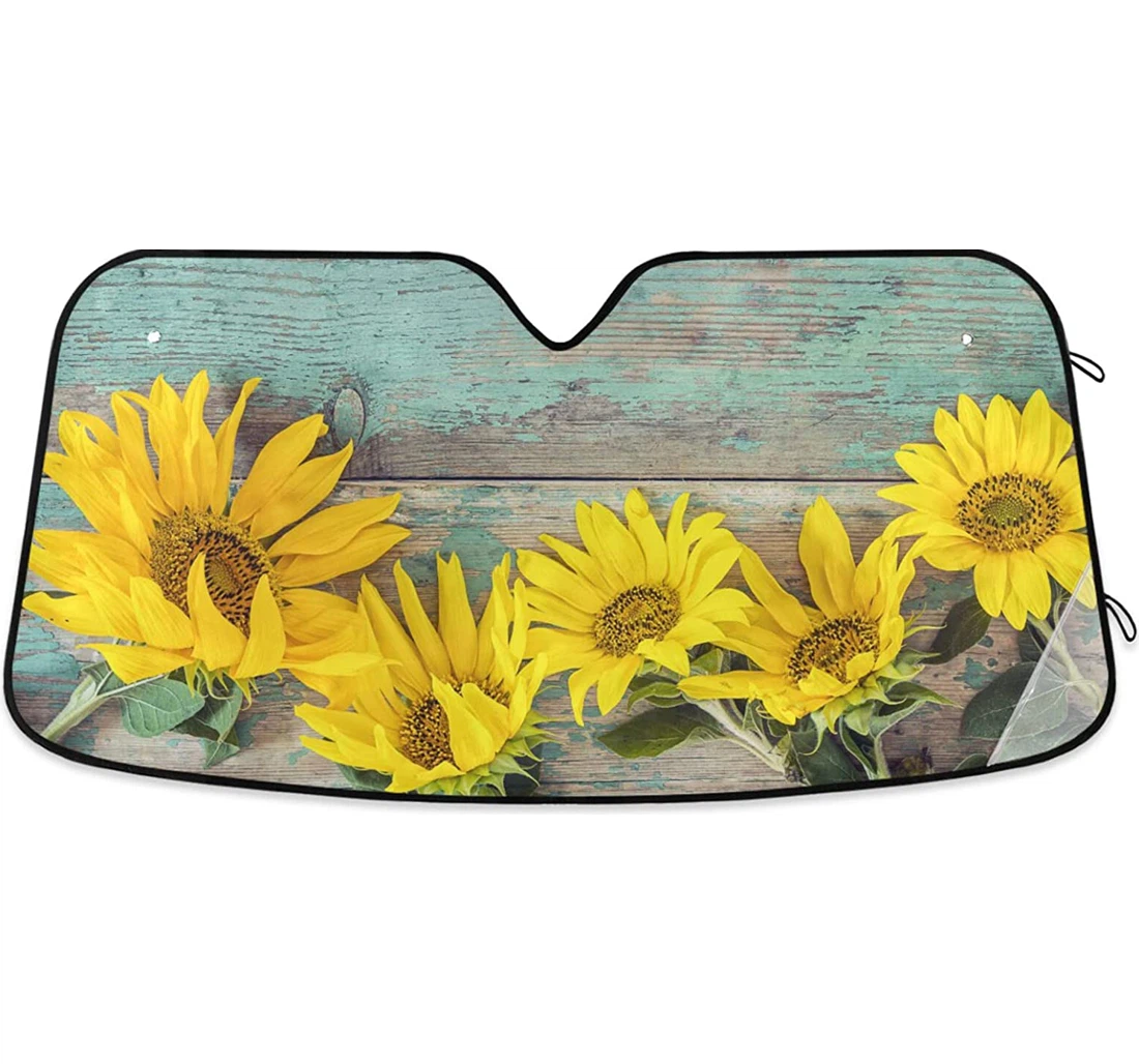 Sunflowers Blue Old Wooden Auto Sun Shade